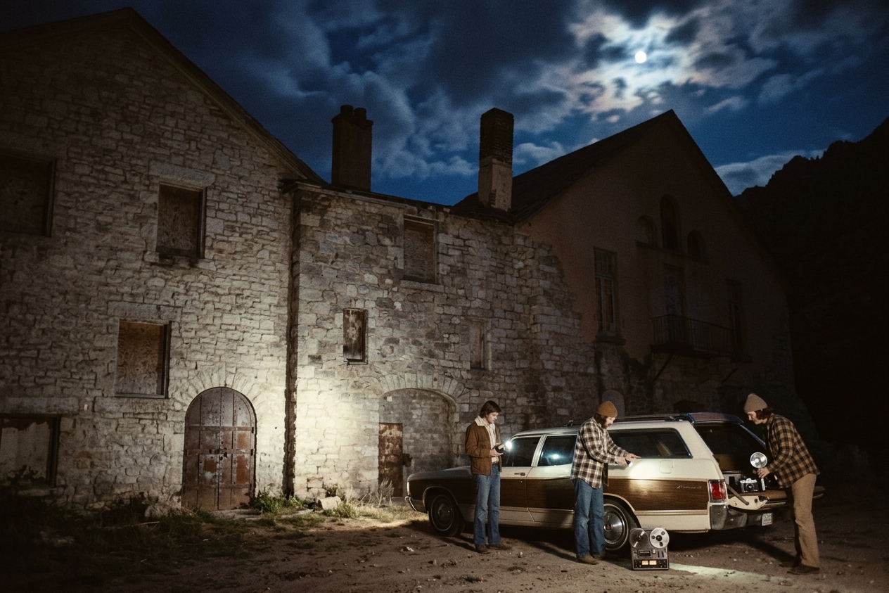 Three men with a tape recorder and camera stand before a moonlit abandoned stone paper mill, a vintage station wagon parked beside themss.